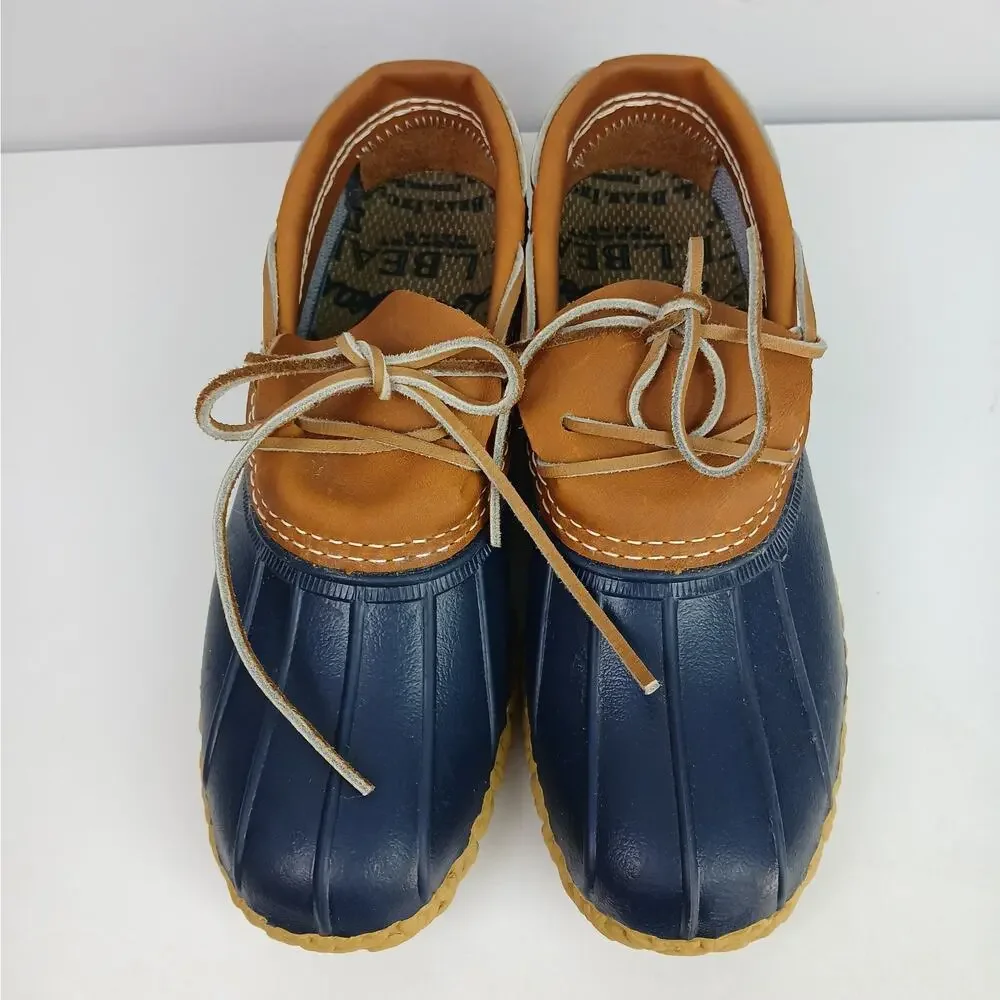 L.L.Bean Women's SZ 9M Bean Boots, Rubber Mocs Tan Bright Navy Runs 1 SZ LG